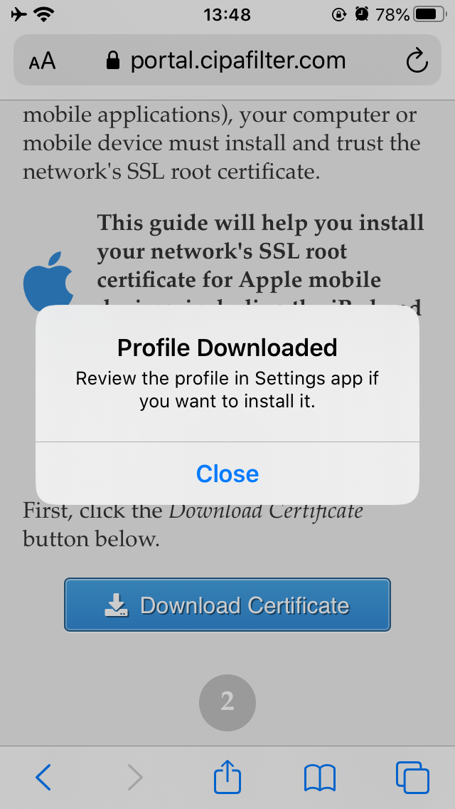 iOS profile-downloaded dialog
